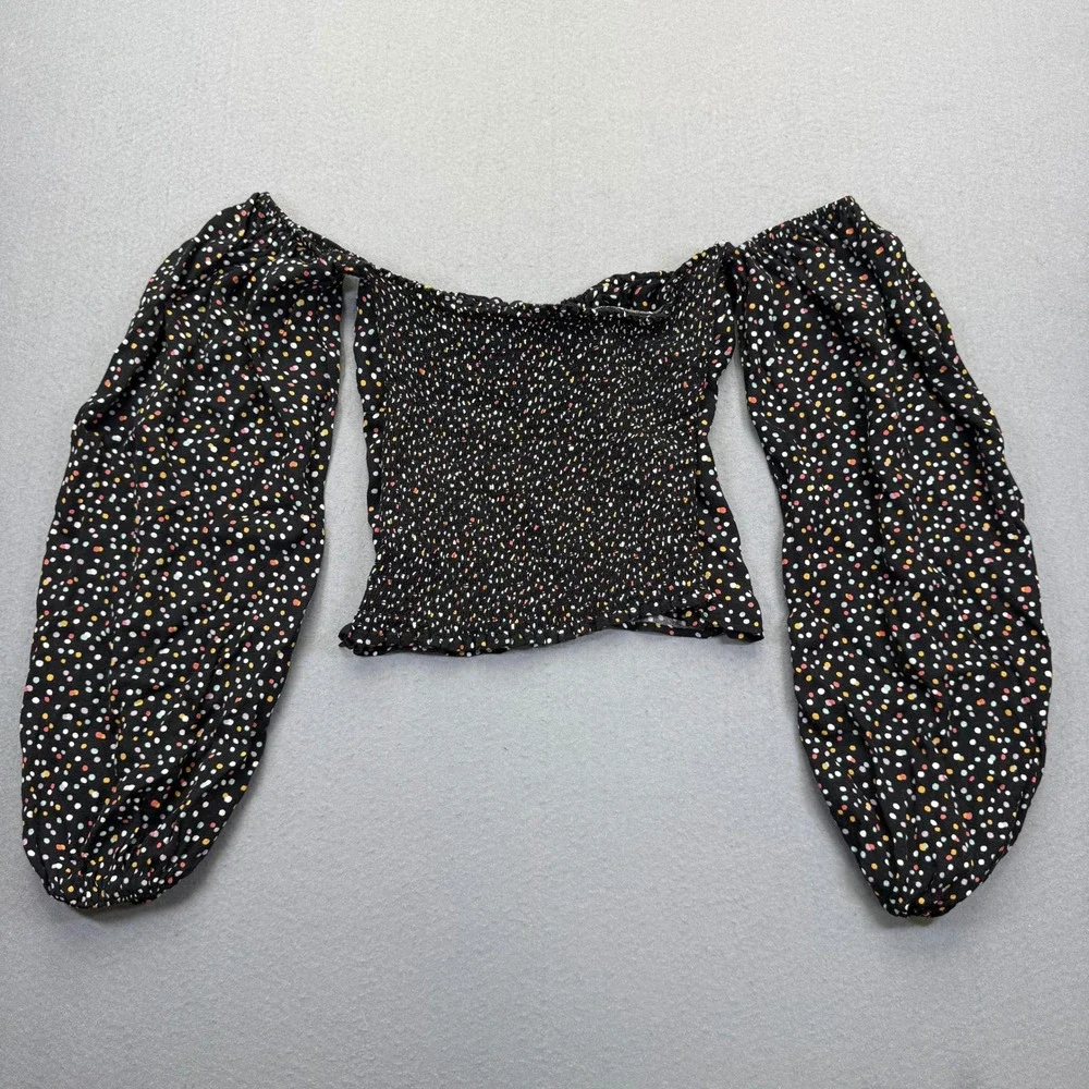 Reformation Emilee Top Black Polka Dot Balloon Sleeve Smocked Crop Blouse XS‎